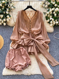 Fairycore Lace Chiffon Dresses With Stretch Shorts Pearl Button Bow Female Ruffles Sheer Seaside Holiday Mini Dress