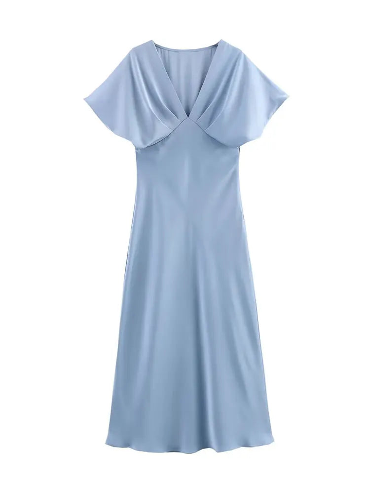 Women Elegant Solid Satin Dress Sexy V Neck Short Sleeve Midi Dress 2025 New Fashion Summer Lady Holidays Party Dress