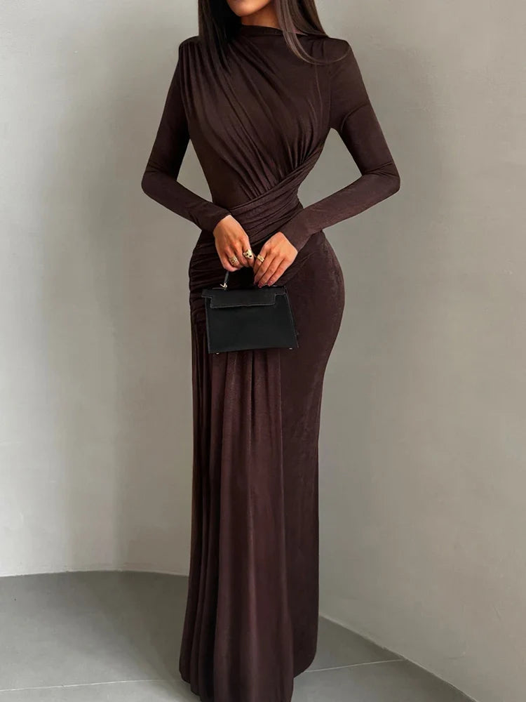 Nibber Folds Maxi Dress Women o-Neck Full Sleeve Solid Banquet Elegant Vacation Fashion Autumn Skinny Casual Simple Vestidos
