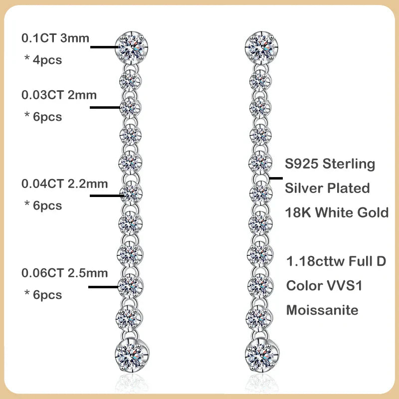 Luxury Designer Real D Color 1.18cttw Full Moissanite Drop Earring for Women 925 Silver Diamond Long Tassel Dangle Earrings