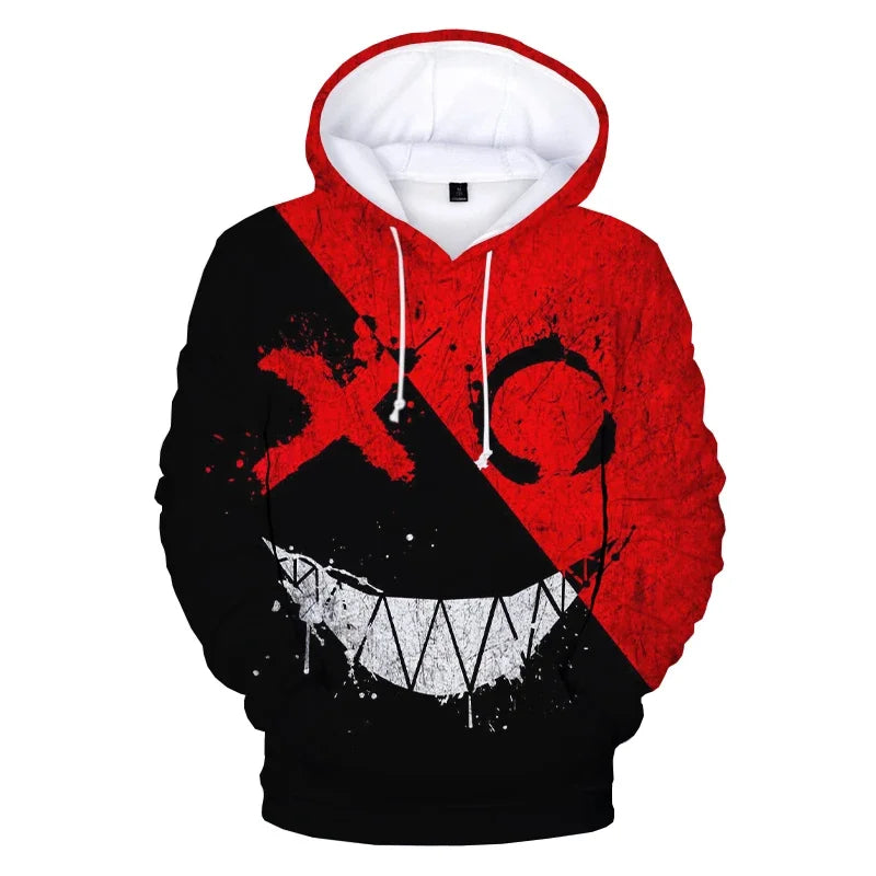 XOXO نمط تريند شيطان وجه مبتسم مطبوع ثلاثي الأبعاد هودي سويت شيرت للرجال والنساء أزياء كاجوال مضحك بلوفرات هيب هوب هوديز