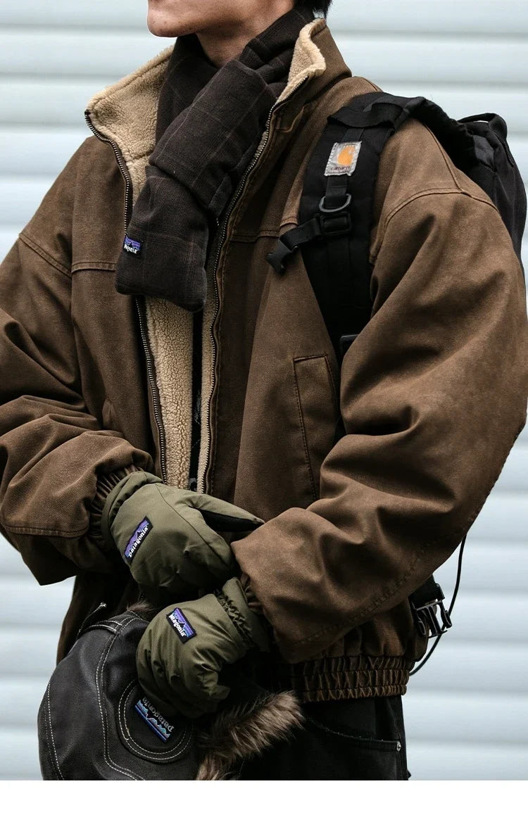 Winter Heavyweight Mens Jacket Japanese Vintage PU Coated Windproof Thick Fleece Lined Warm Distressed Streetwear Long Coat Male