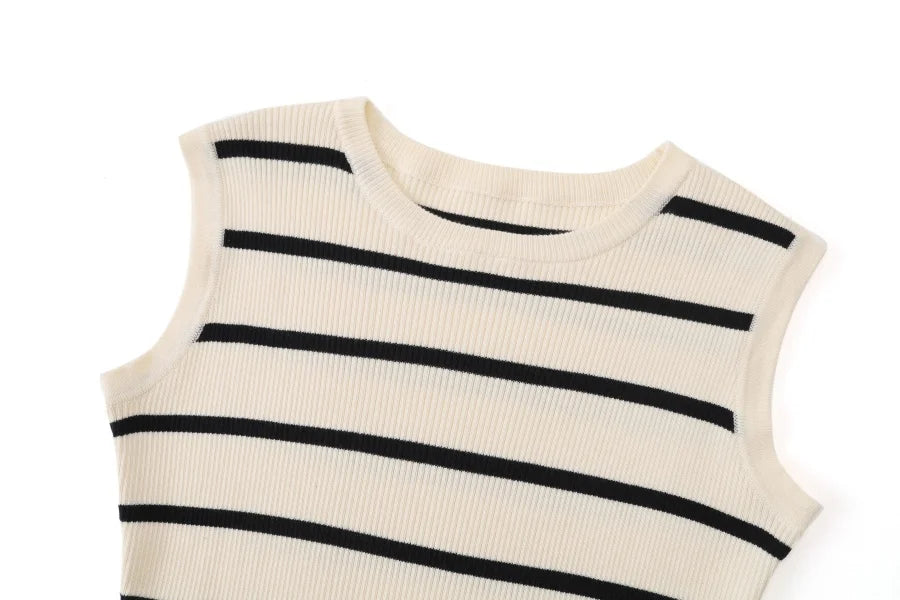 AW25 stripe knitting cardigan + sleeveless patch dress maxi matching set for woman clothing