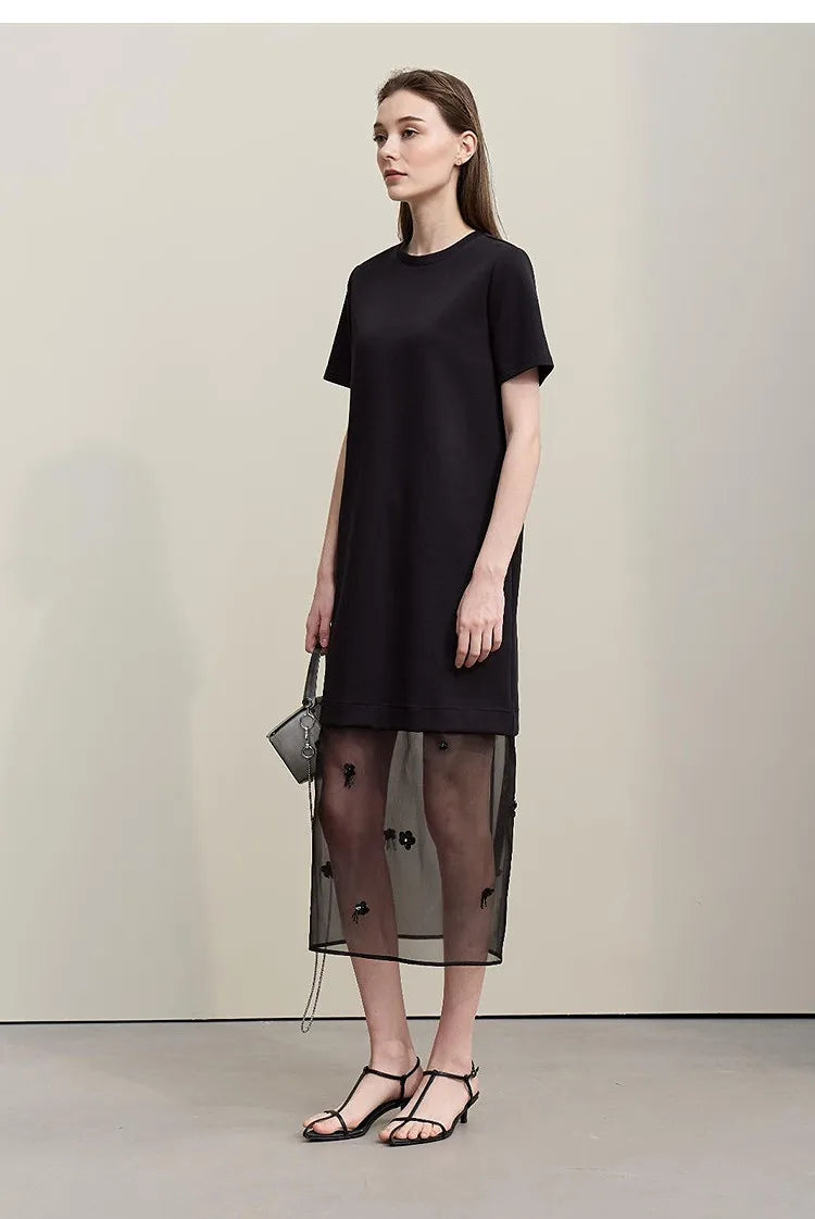Long Dresses 2026 Autumn New Round Neck Short Sleeve Patchwork Women's Dress Removable Organza Elegant Dress Women 12651024
