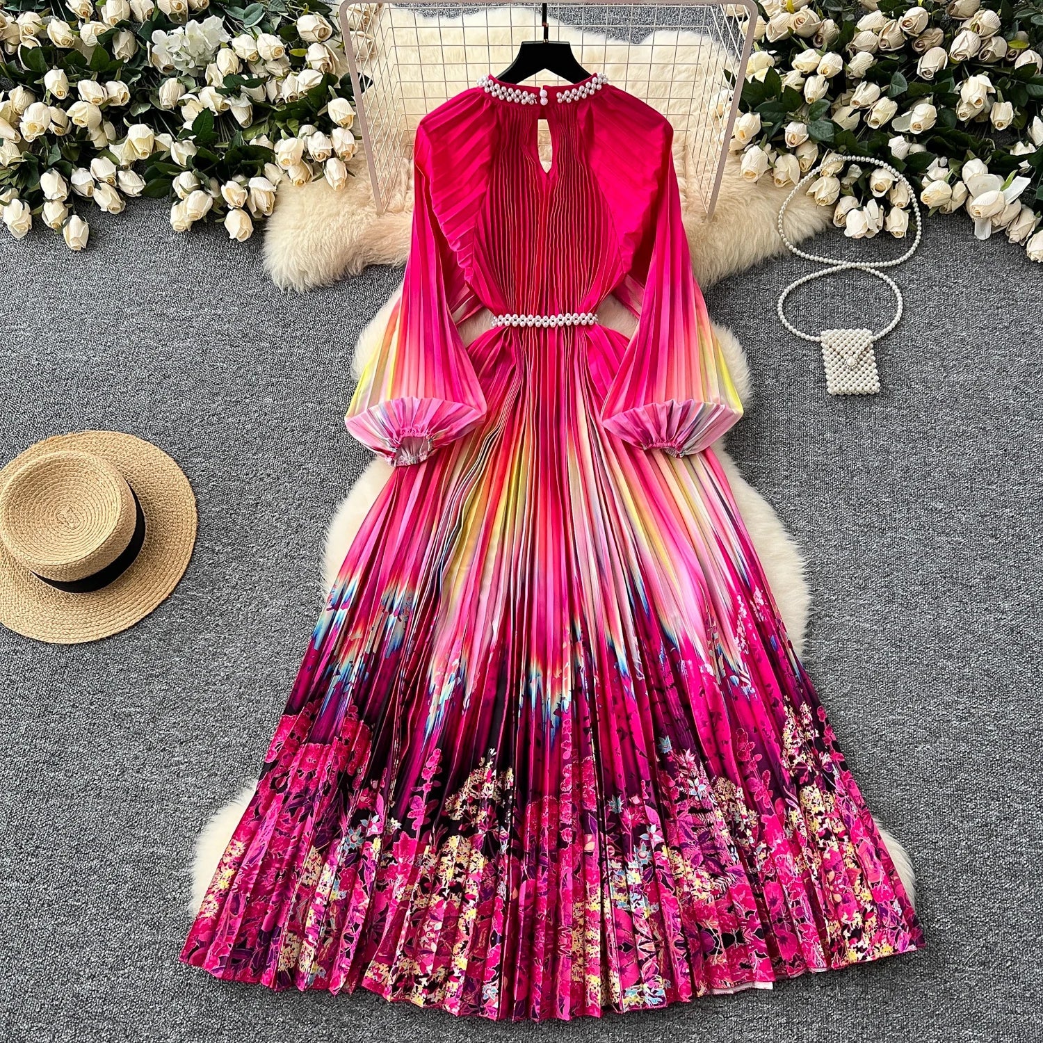 High-End Women's Dr Faionable Beaded round Ne Hollow out Pleated Lantern Sve Waist Cinched Floral Print Lon...