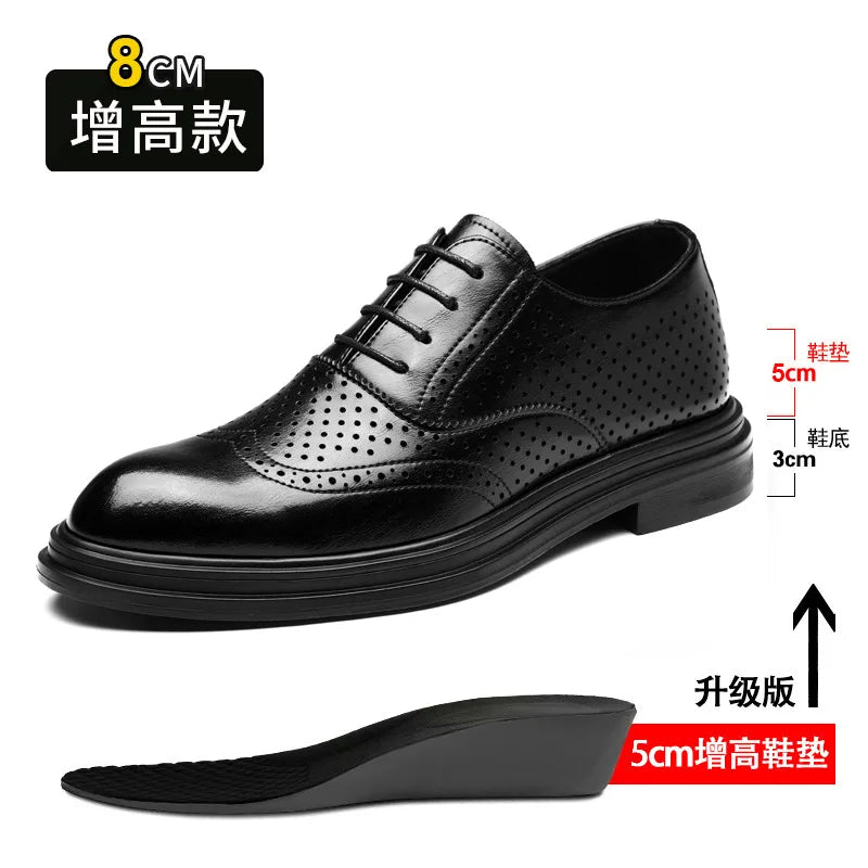 Spring Summer Hallow Leather Shoes for Men 3 6 8cm Increase Fashion Dress Shoes Male Black Business Casual Shoes Man