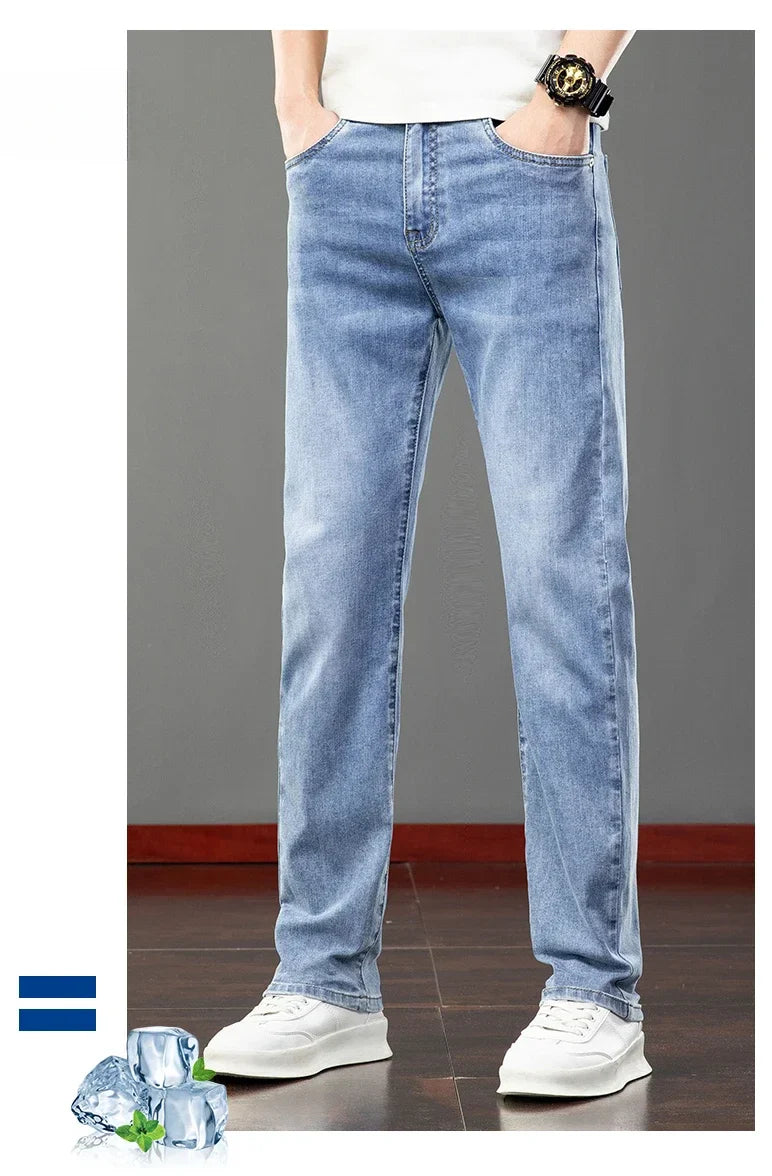 2026 Summer Men's Jeans Slim Fit Jeans Thin Stretch Straight Light Business Casual Denim Long Pants Male Classic Style Brand