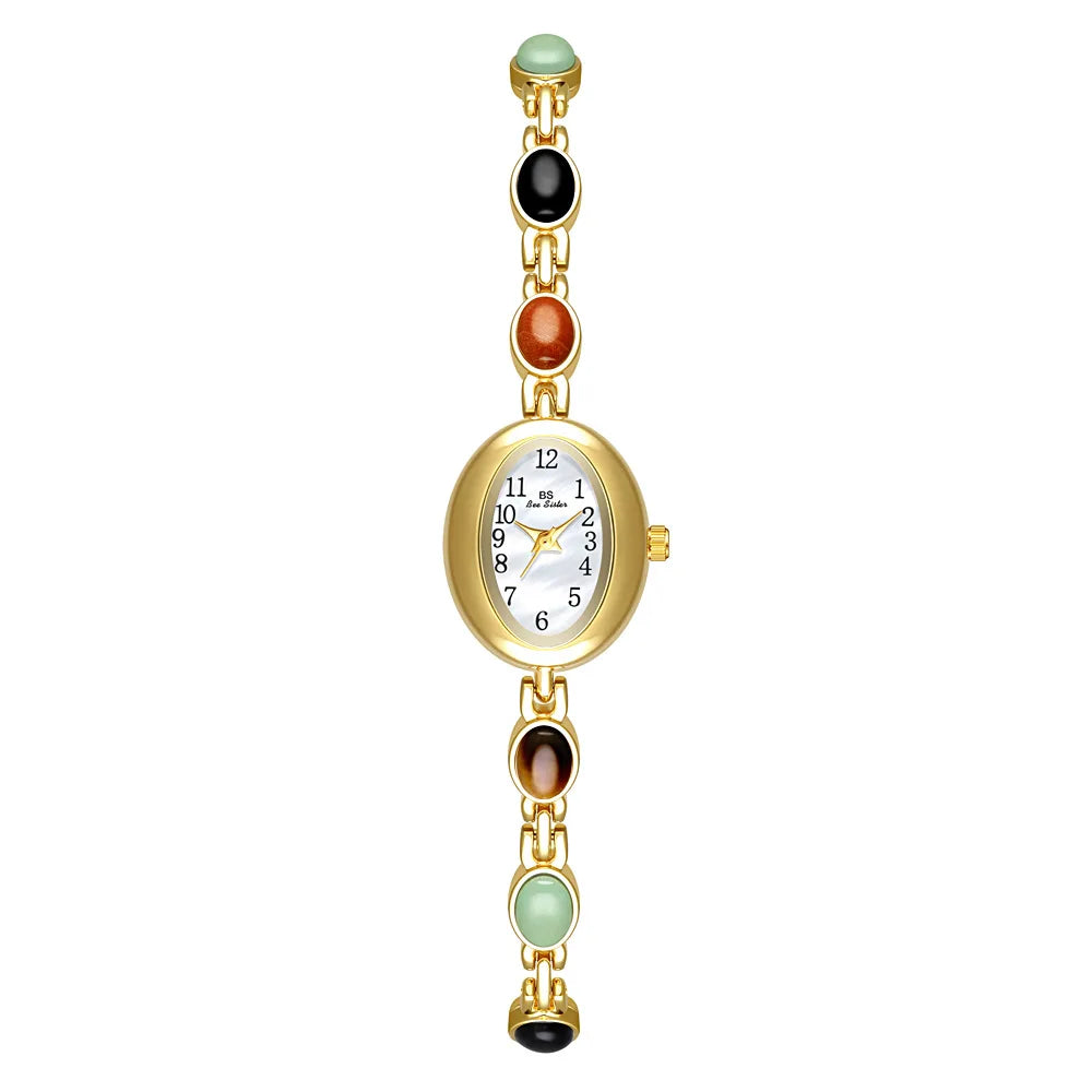 Women's watch Vintage Natural Colorful Jade Bracelet Wristwatches Clock,Luxury Elegant Small Oval Dial Quartz Watch Waterproof