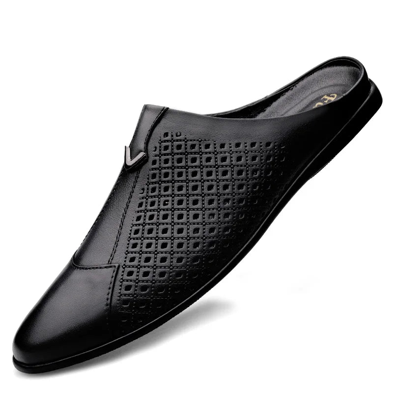 Summer Men Shoes Casual Brand Mens Penny Loafers Genuine Leather Luxury Half Slipper For Men Breathable Lazy Driving Shoes Man