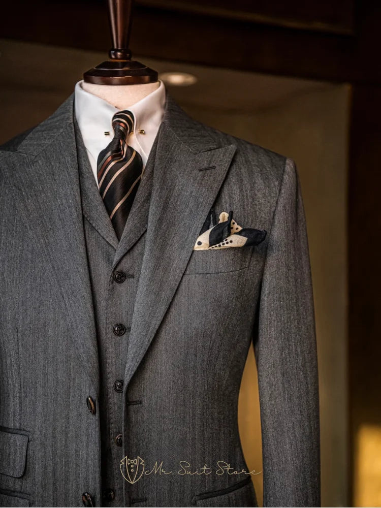 New Men's 3piece Suit Single Breasted Herringbone Pattern Men's Business Formal Attire Wedding Suit Groom's Jacket Men's Fashion