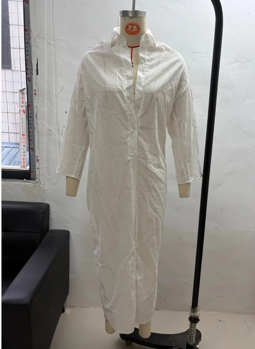 Casual Long Sleeve Loose Maxi Dress Women 2026 Summer Solid Color Turn-down Collar Beach Long Dresses Elegant Vestidos