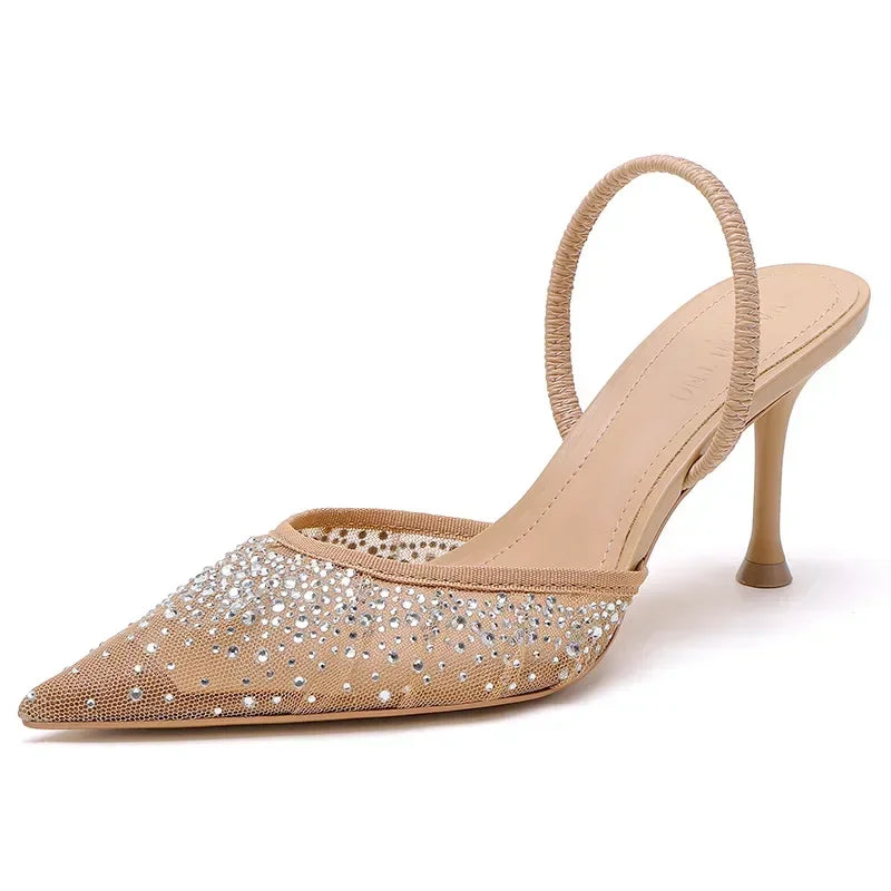 Luxury Designer Shiny Rhinestone High Heels Shoes for Women Summer Sexy Pointed Toe Pumps Elegant Slingbacks Heeled Sandals