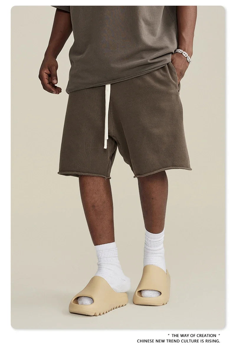 New Summer Men Retro Washed Shorts Unisex Drawstring Loose Edge 420gsm Solid Knee Length Cotton Pants Streetwears HY0589
