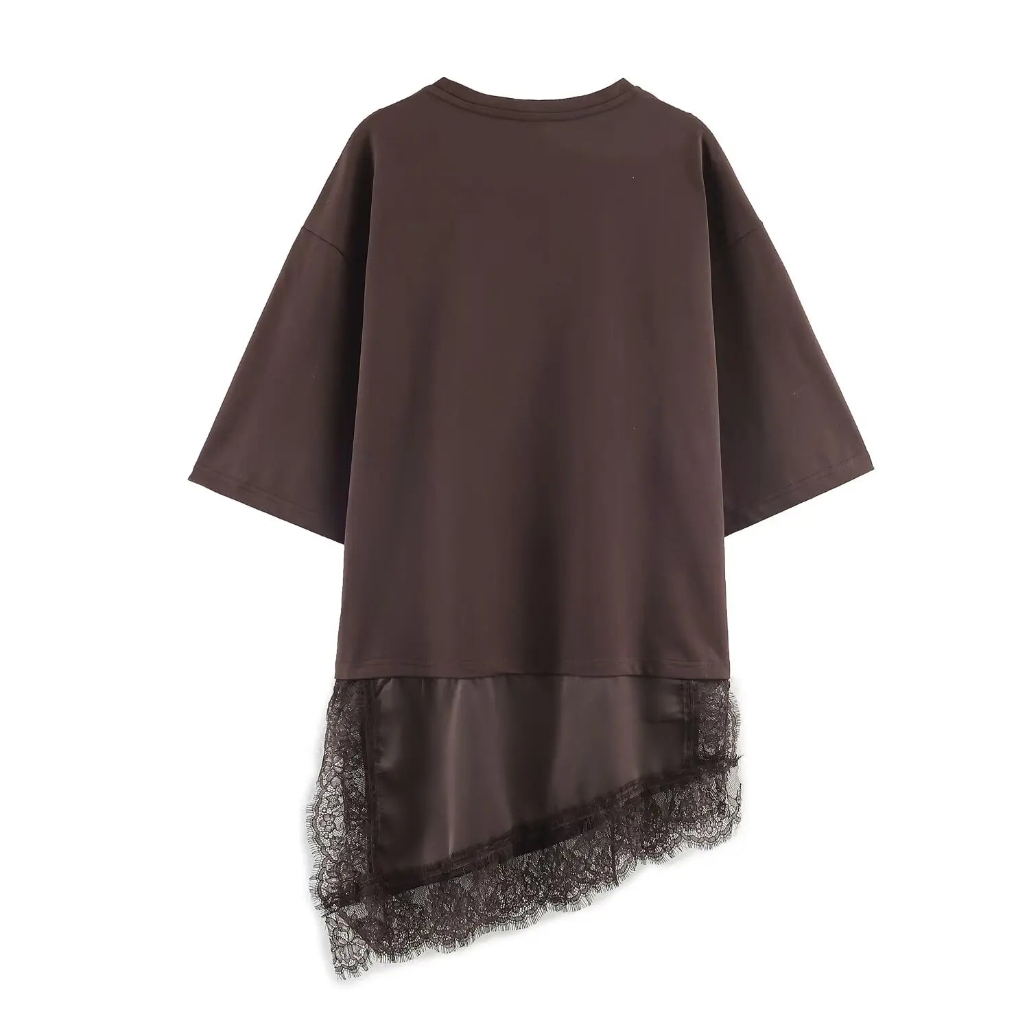 Women Vintage Solid Lace Patchwork T-Shirts Asymmetrical Hem O Neck Short Sleeve Shirt 2026 Trend High Street Lady Chic TEES