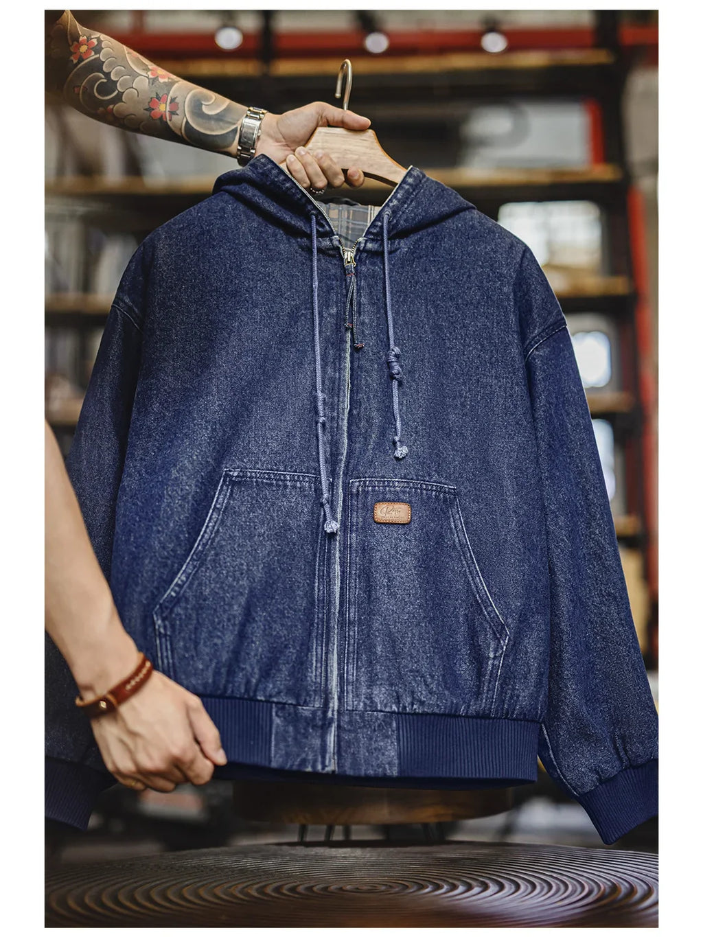 Retro Men's J130 10.5oz Denim Jacket Heavyweight Washed Aged Hooded Jacket Zipper Work Coat with Large Pockets for Fall