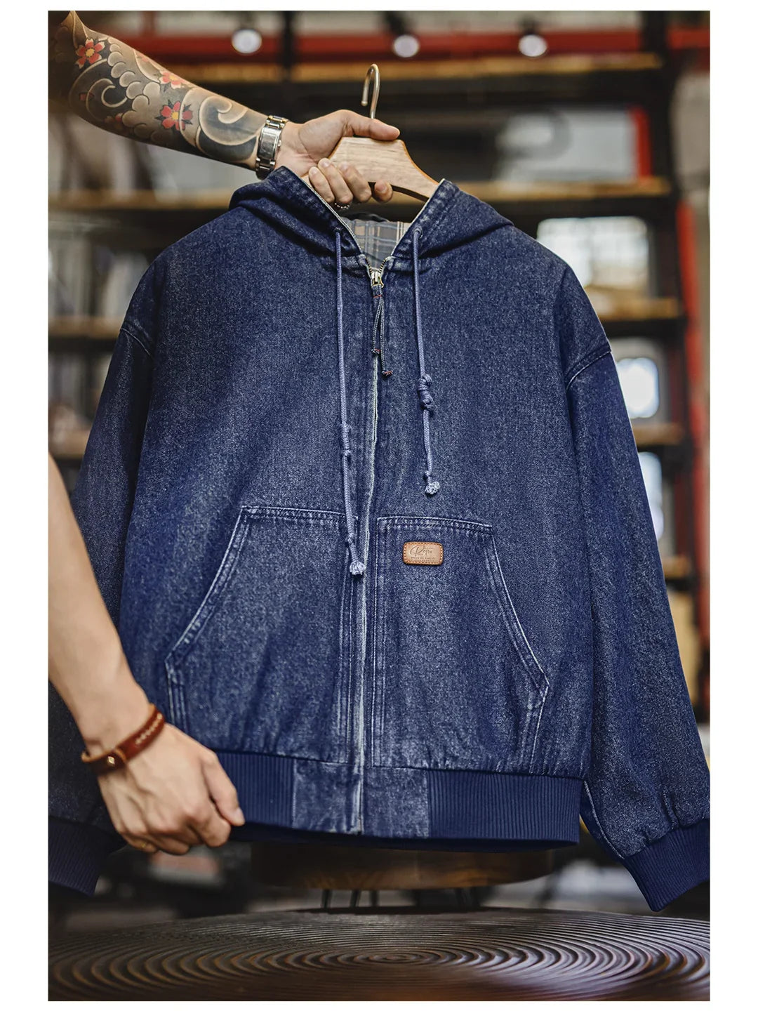 Retro Men's J130 10.5oz Denim Jacket Heavyweight Washed Aged Hooded Jacket Zipper Work Coat with Large Pockets for Fall