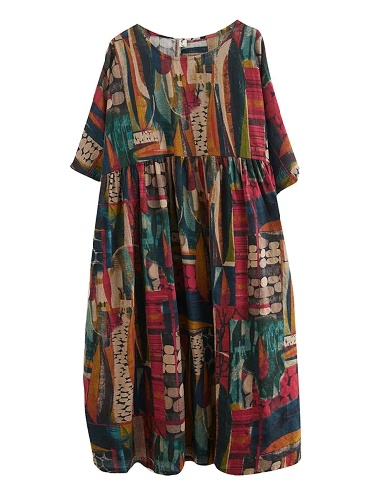 Short Sleeve Cotton Linen Vintage Print Summer Long Dresses For Women 2026 Casual Loose Holiday Ladies Dress Elegant Clothes