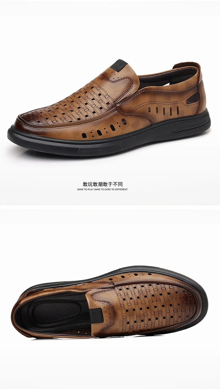 Spring Summer New Hallow Breathable Loafers for Men Fashion Casual Leather Shoes Male Solid Color Soft Sole Designer Shoes Man