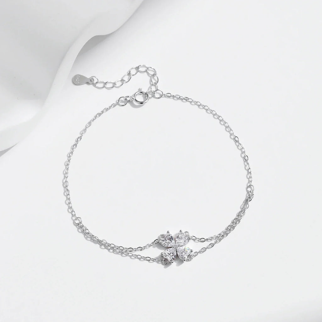925 Sterling Silver Double Layer Flowers Hearts CZ Romantic Bracelet Luxury Adjustable Chain Link for Women Jewelry
