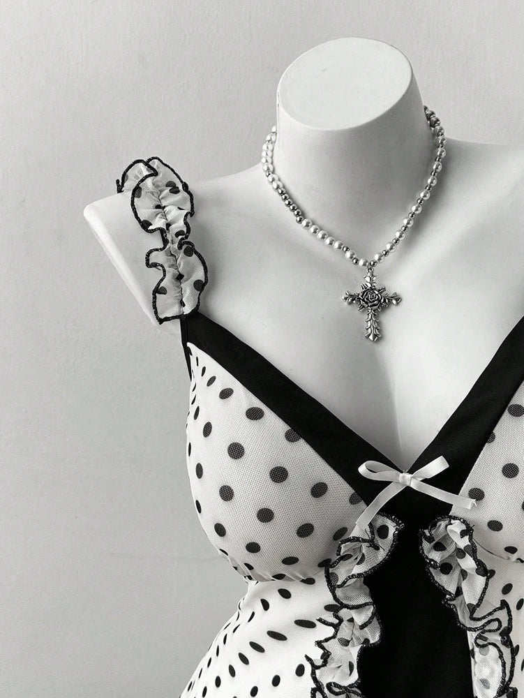 Plus Size Y2K Polka Dot Dress, Ruffle Trim Bow Front Cami Mini Dress, Sexy Sweet Coquette Style Party Dress for Women