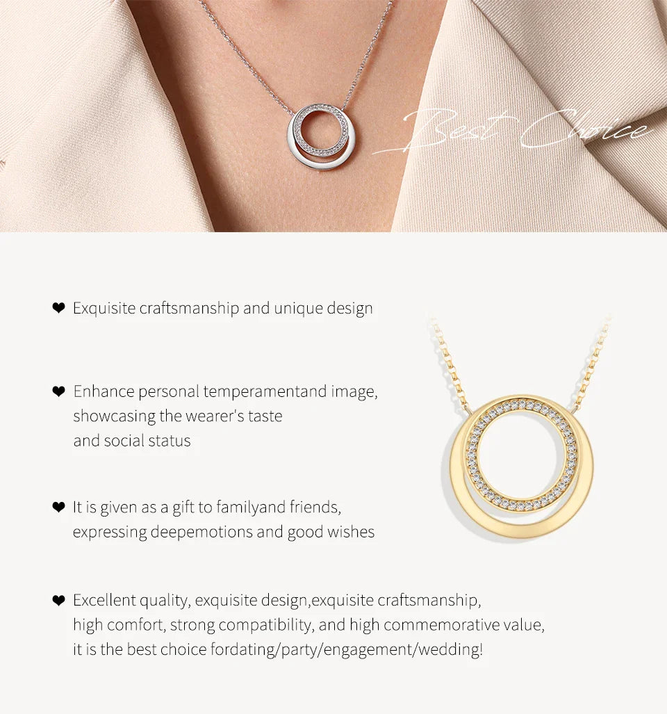 Full Moissanite Necklace DVVS1 18K Gold Plated 925 Sterling Silver Double Circle Round Pendant Women Party Fine Jewelry