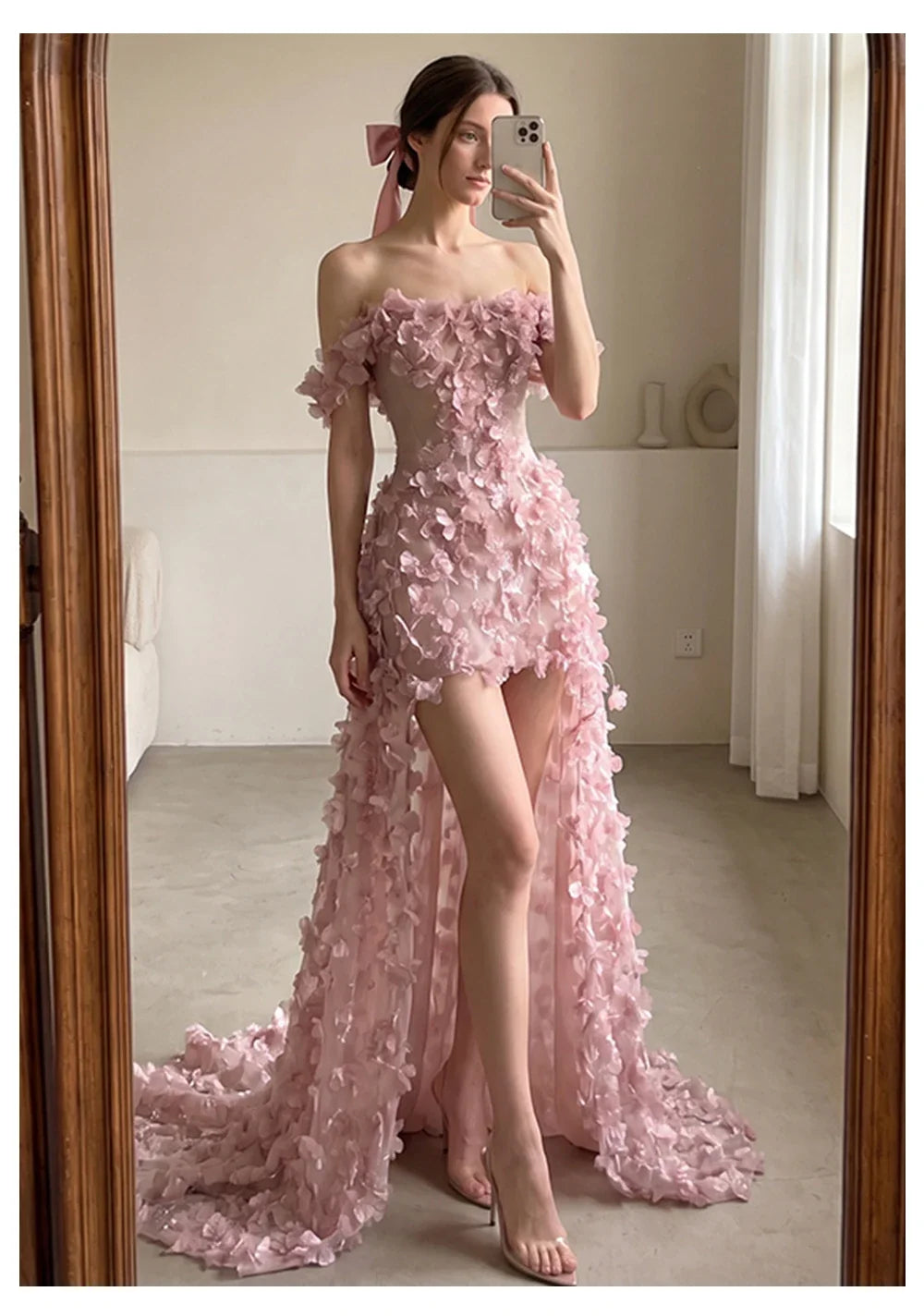Pink Off Shoulder Mini Evening Dress 3D Handmade Floral Petal Appliques Long Train Tulle Formal Prom Gown Sexy High Split
