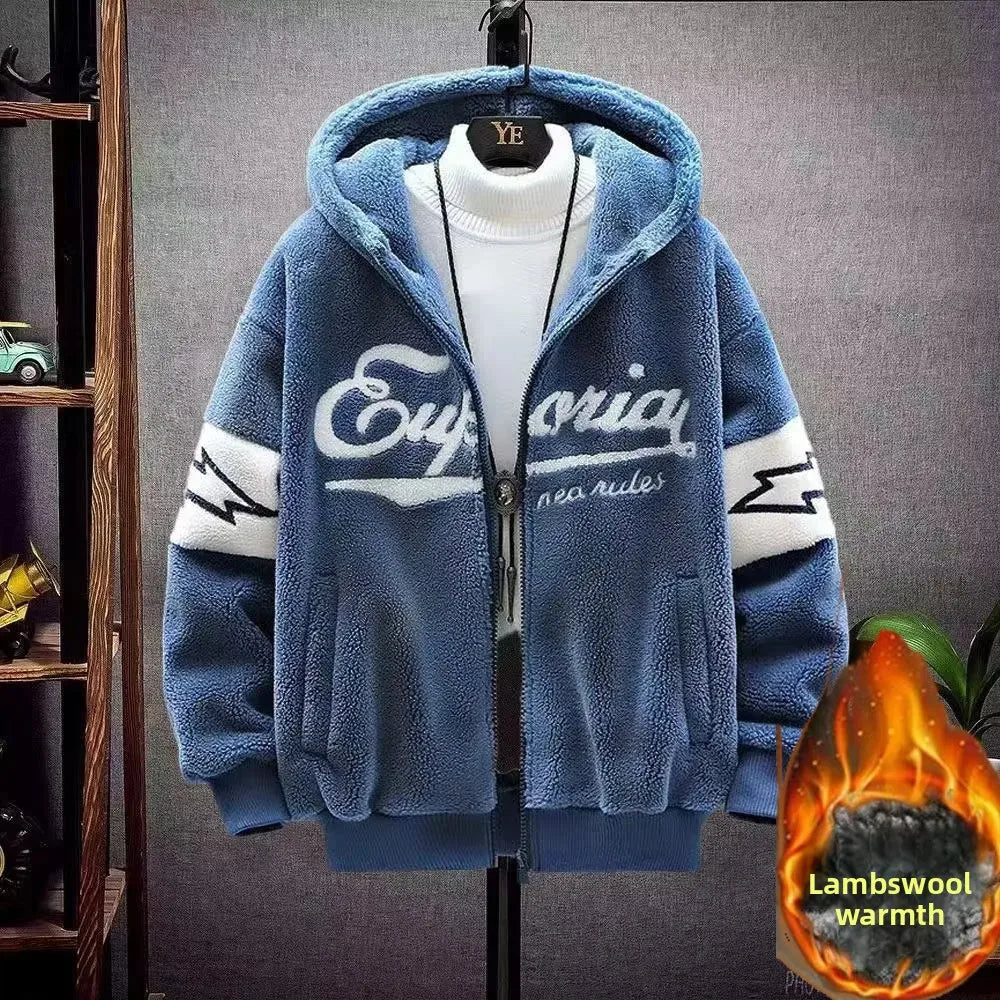 Lamb Velvet Fleece Lined Thickened Hoodie for Students Men's Casual Loose Fit Cotton Jacket Warm Outerwear Autumn Winter