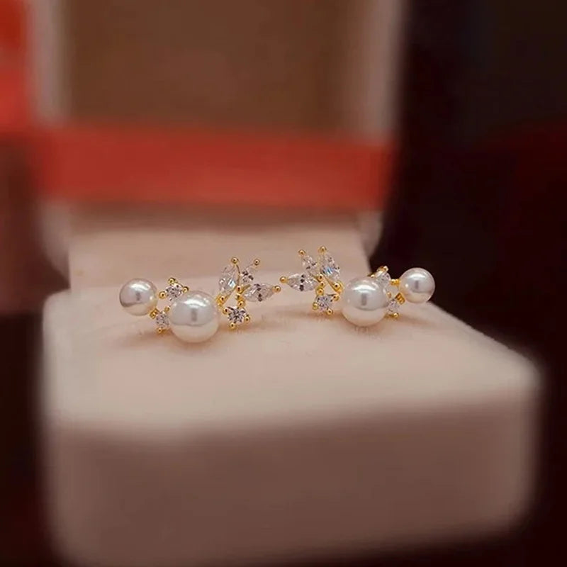 Graceful Gold Color/Silver Color Stud Earrings Lady Simulated Pearl Jewelry Chic Shiny Zirconia Accessories for Wedding