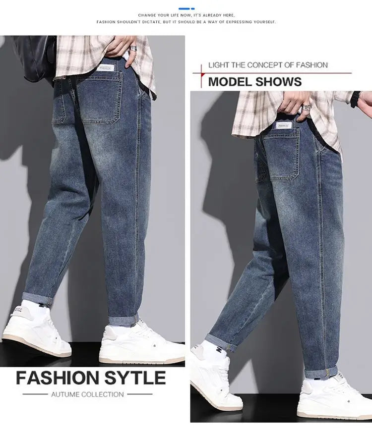 Retro American Style Men's Jeans Loose Fit Heavy Casual Slim Leg Cotton Pants Elastic Waist Korean Denim Jeans for Spring Autumn
