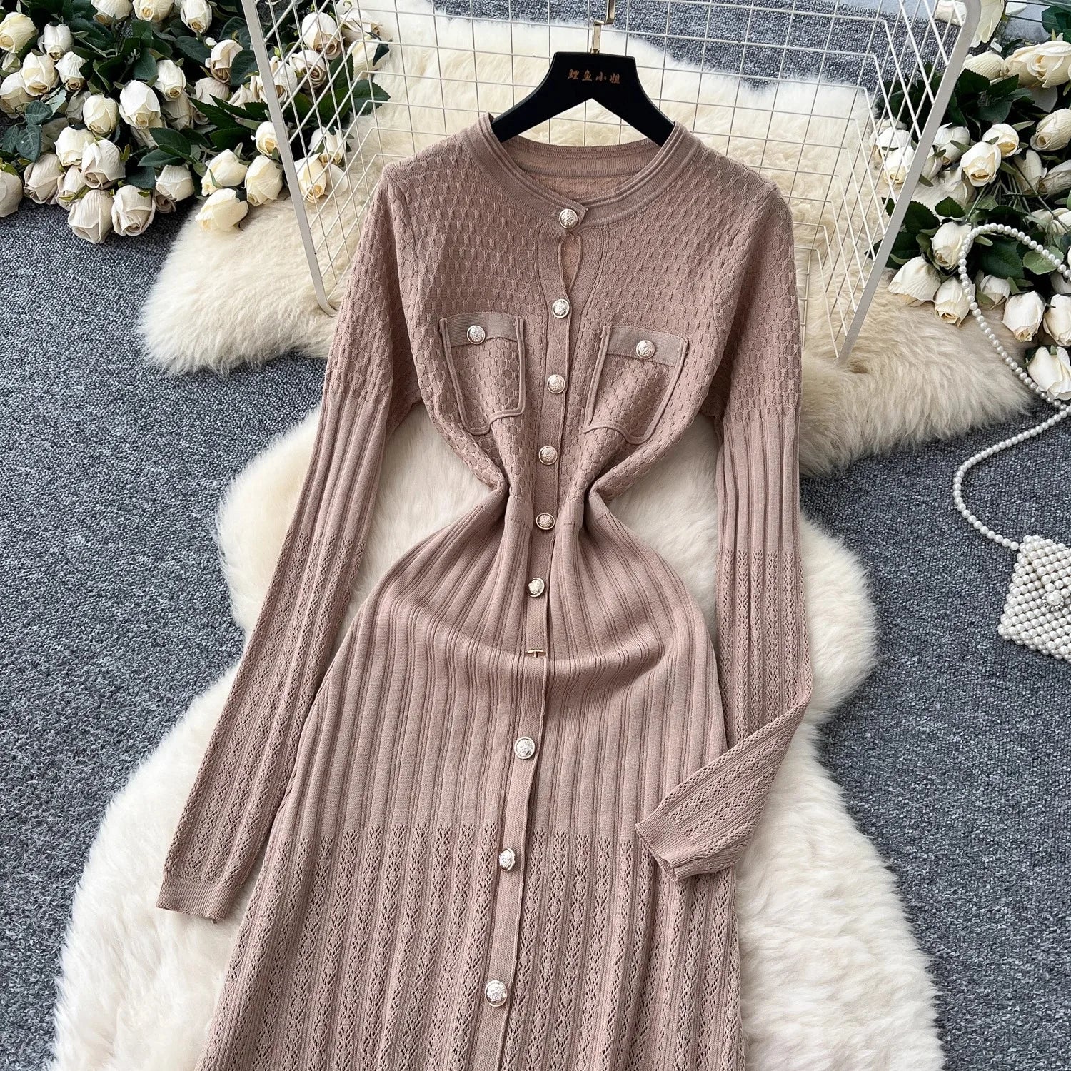 Brand Fashion Aesthetic Patchwork Knitted Maxi Dress Autumn Winter Women Luxury Shirt Sweater Dress Office Lady Vestido