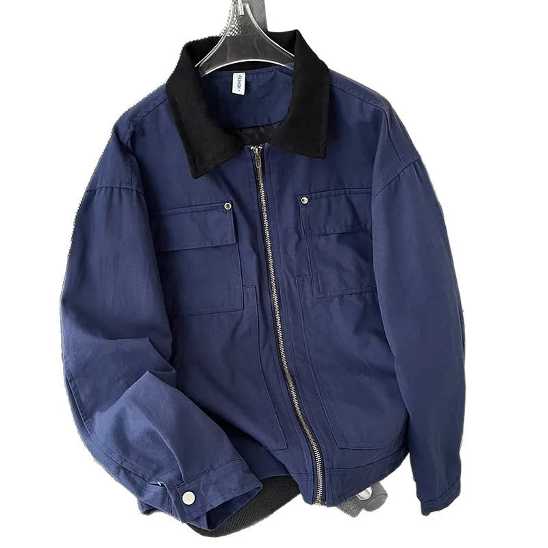 American Retro Workwear Jacket Loose Casual Men's Pilot Style Outerwear Trendy Polyester Fiber Zipper Closure Spring Autumn
