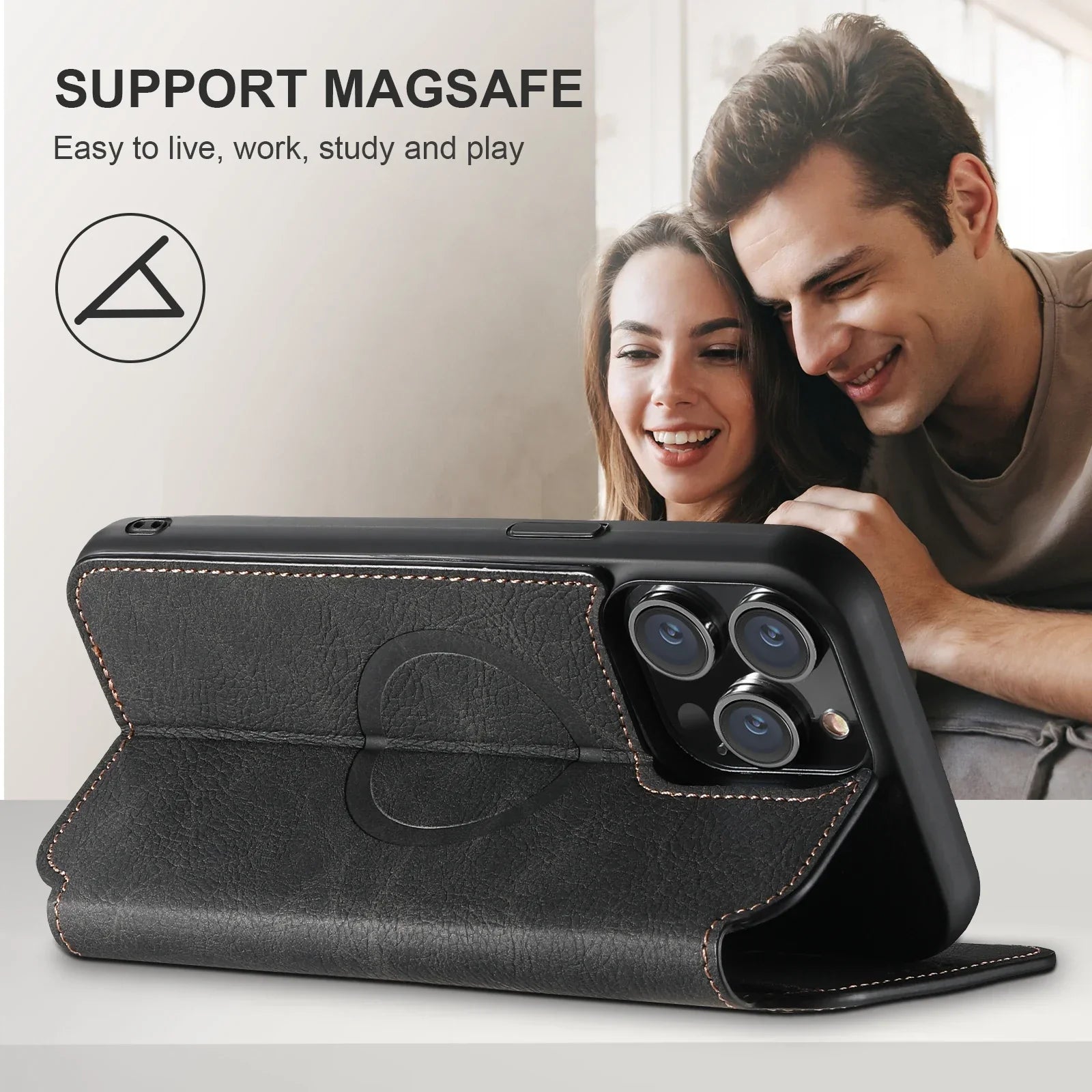SUTENI Compatible Wireless Charging Leather Phone Case For iPhone 12 13 14 15 16 Plus 17 Pro Max Flip Cover Wallet Card Holder
