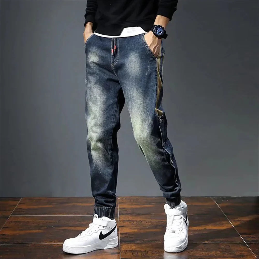 Mens Jeans Harem Pants Fashion Pockets Loose fit Baggy Moto Jeans