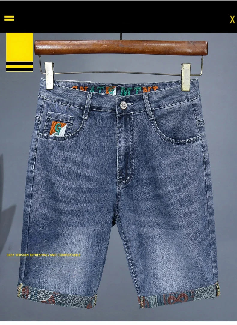 Summer New Men's Embroidered Denim Shorts Fashion Straight Slim Personality Streetwear Jeans Male Bermuda Male Short Pants