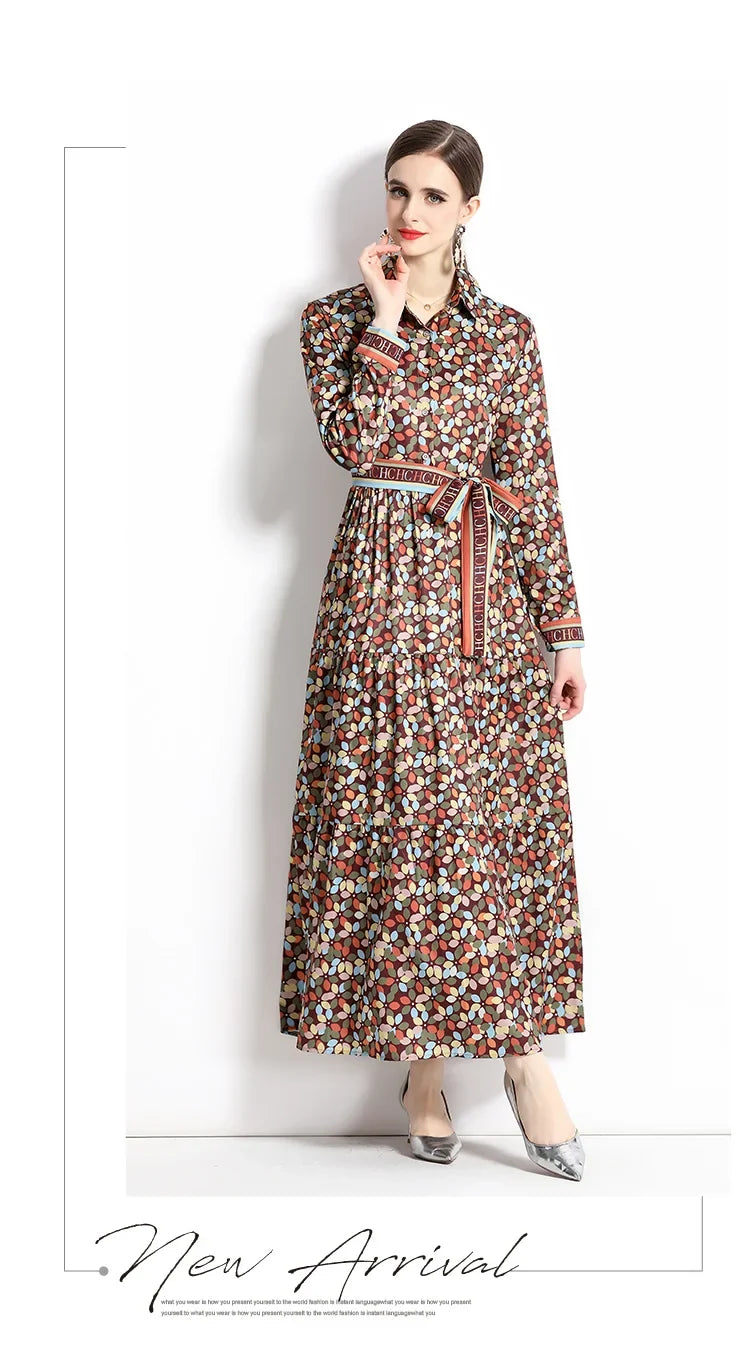 2024 Autumn New Women's European and American Versatile Waist and Slimming Letter Positioning Printed Dress A-line Long Dress