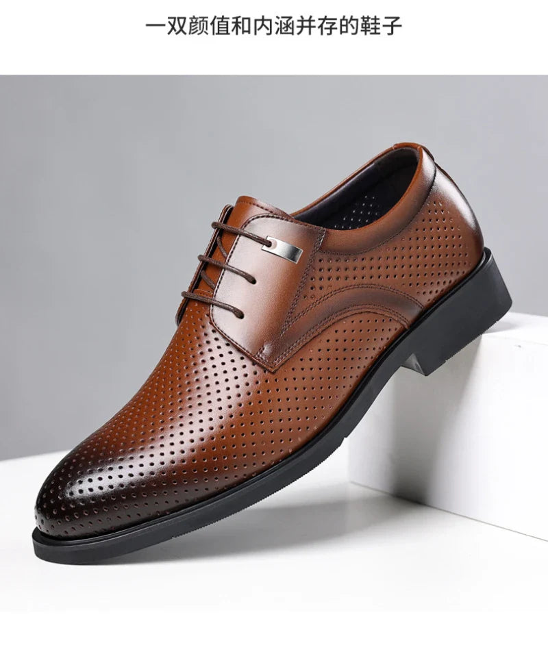Mens Black Genuine Leather Perforated Metal Decor Lace Up Formal Business Office Breathable Summer Shoes Hollow Stylish Simple