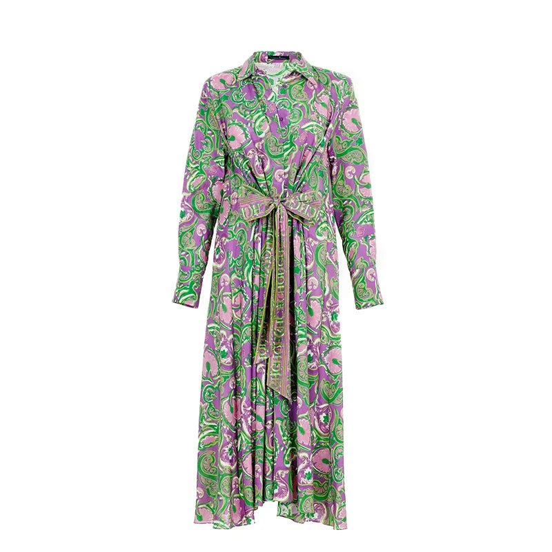 New Summer Women Elegant Dress Femme Retro Commuting Shirt Dress Long Sleeved Lace Up Design Casual Dresses