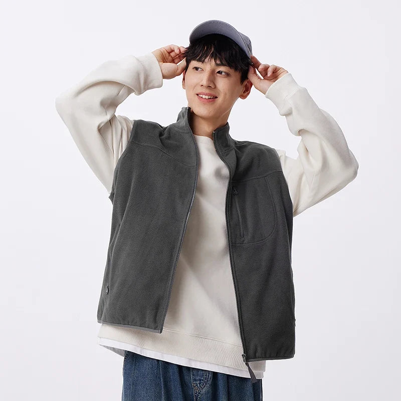 Vest Men Anti-Static Fleece Coat New Autumn 2024 Warm Collar Lining Solid Color Versatile Top