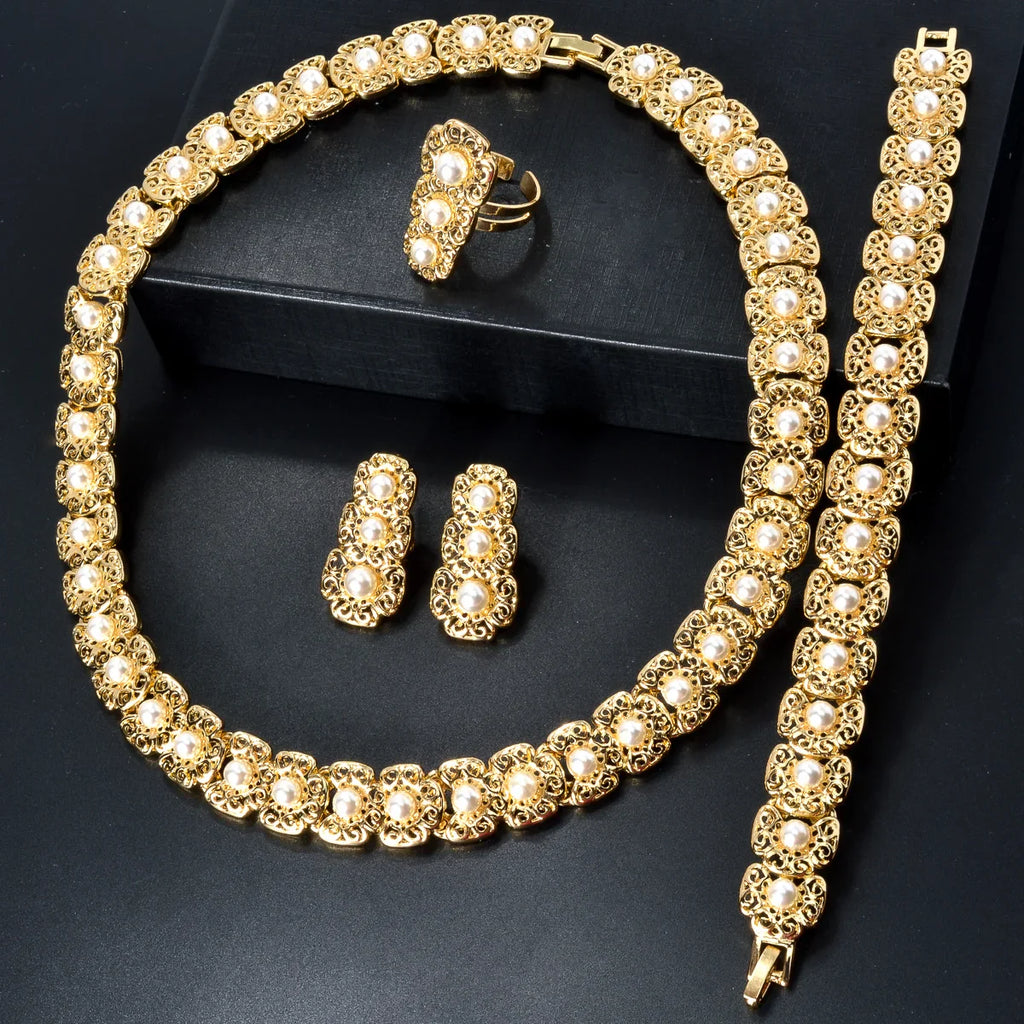 Dubai Luxury Quality Jewelry Set For Women Trend Pearl Necklace Bracelet Ring Earrings Jewelry Set 18k Gold Plated Jewelry
