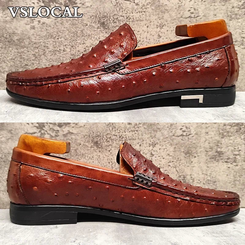 Luxury Brand Men Loafers Shoes Black Brown Ostrich Print Pointed Toe Slip-on Casual Mens Dress Shoes Slip on Loafers Men