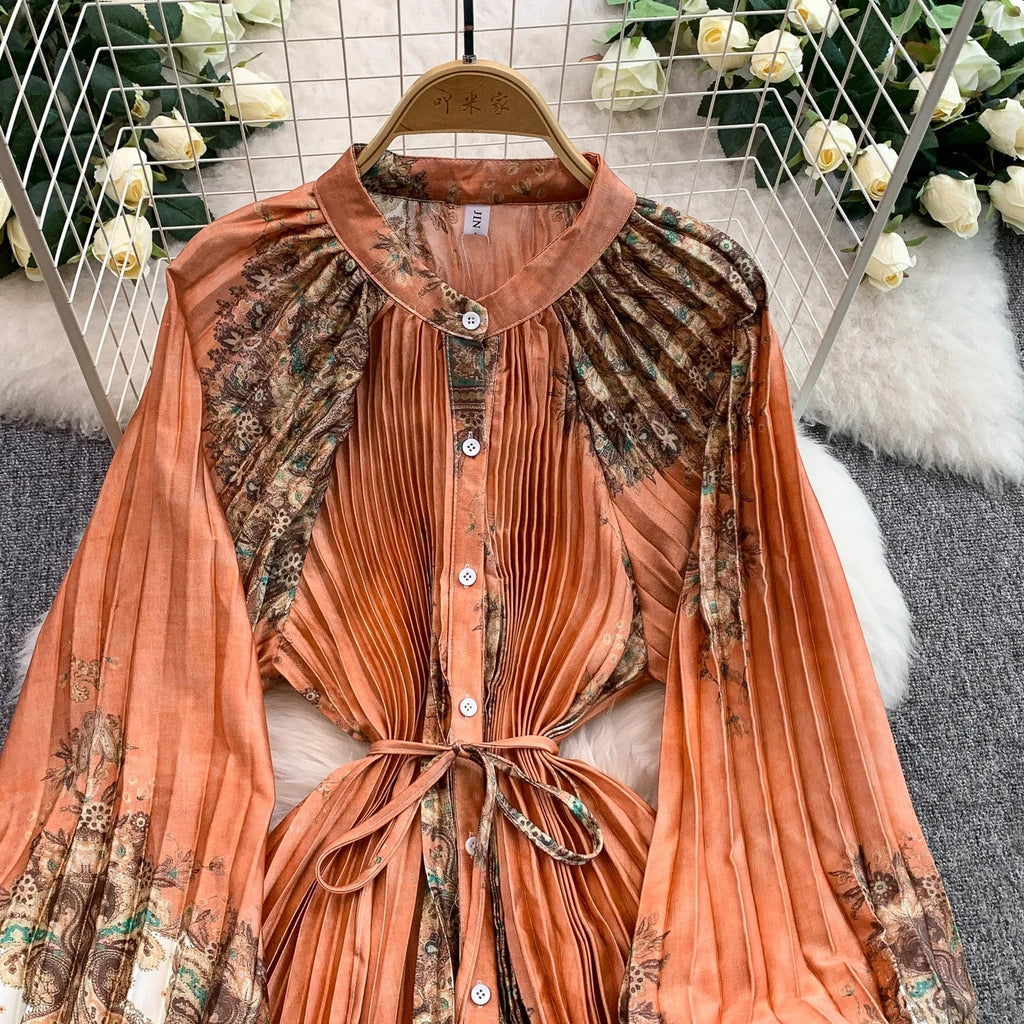 Printed round Ne Lantern Sve Dr Women's Single Button Waist Cinch Maxi Skirt Long Dr Commute Sle Autumn