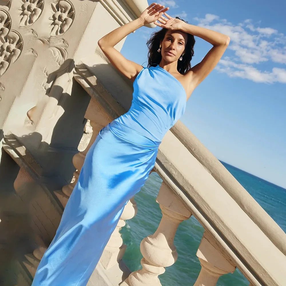 Patchwork Satin Sexy Dress Women One Shoulder Brown Sleeveless Evening Maxi Dress 2025 New Summer Elegant Party Clubwear Dresses