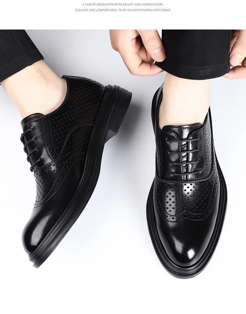 Spring Summer Hallow Leather Shoes for Men 3 6 8cm Increase Fashion Dress Shoes Male Black Business Casual Shoes Man