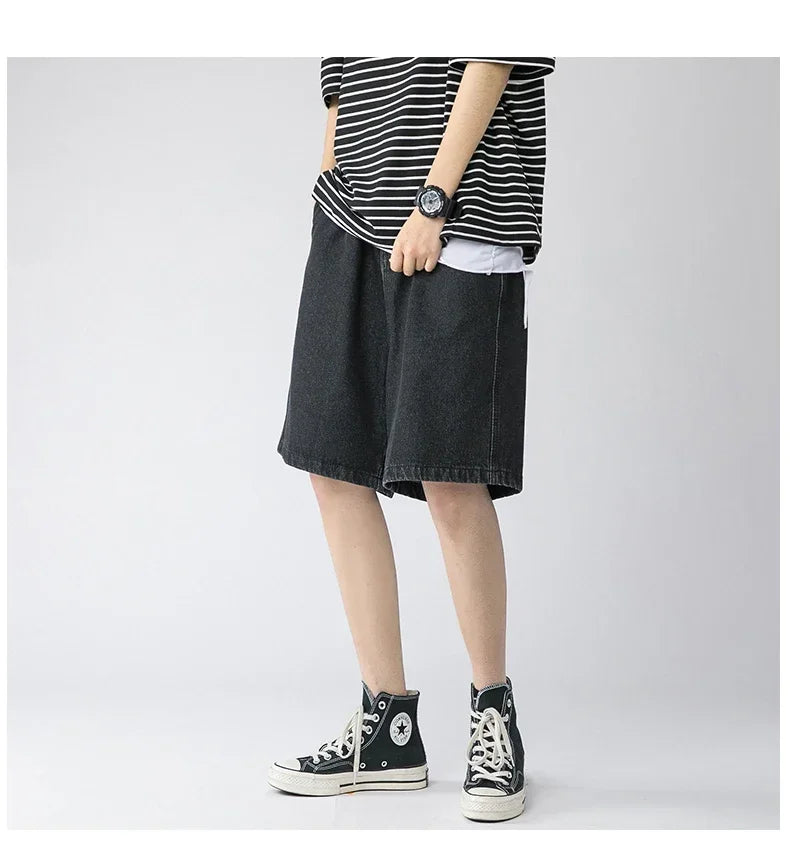Wide Baggy Denim Shorts Men Summer Thin Solid Color Casual Loose Knee-length Pants Male Jeans Shorts Streetwear