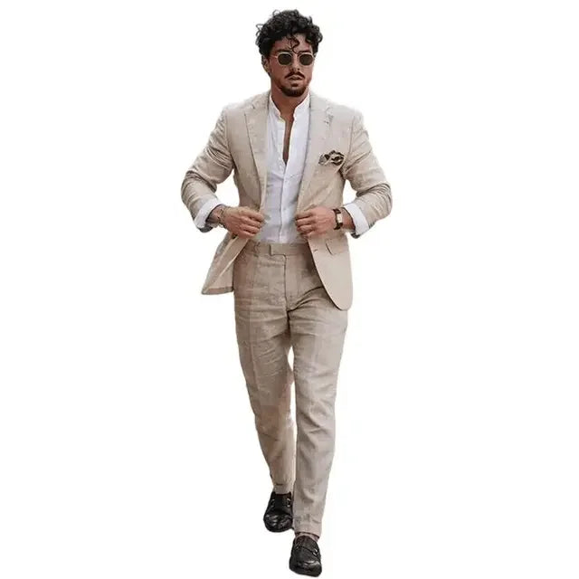 Casual Beige Linen Men Suits Single Breasted Slim Fit Notch Lapel Blazer with Pants High Quality 2 Piece Wedding Costume Homme f