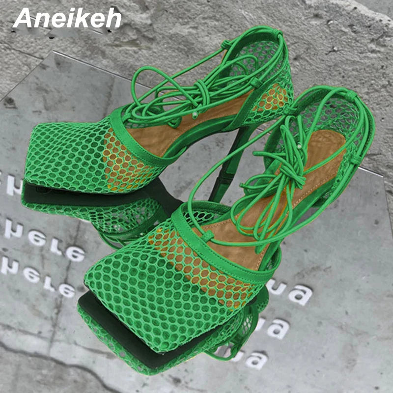 Aneikeh 2025 Summer Sexy Mesh Pumps Sandals Female Square Toe High Heel Lace Up Cross-Tied Stiletto Hollow Dress Party Shoes