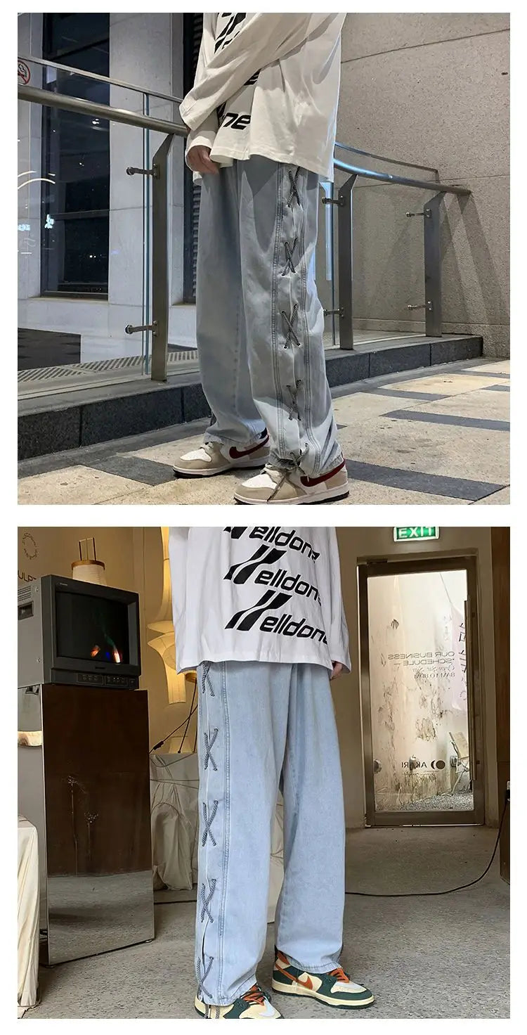 Streetwear Y2k Jeans Pants Lace Up Baggy Black Jeans Man Pants Designer Clothes Side Split 2023 Korean Fashion New