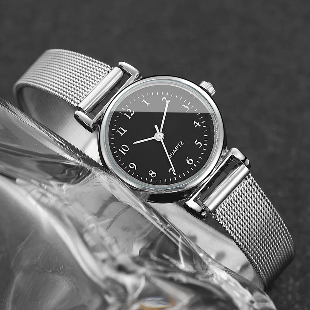 2PCS Fashion Women Quartz Watch Steel Mesh Band Watches Opening Cuff Bracelet Bangle Set（Without Box）