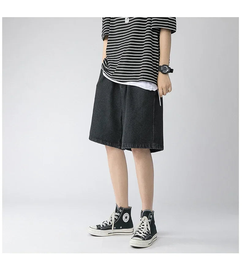 Wide Baggy Denim Shorts Men Summer Thin Solid Color Casual Loose Knee-length Pants Male Jeans Shorts Streetwear