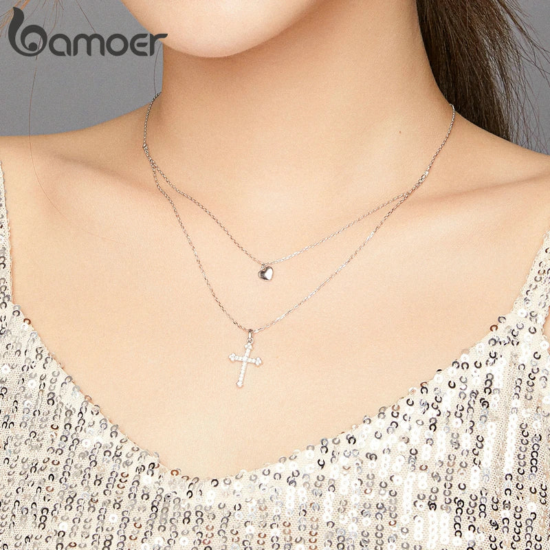 Sterling Silver 925 Cross and Heart Double Layer Pendant Necklace for Women Pave Setting CZ Simple Fine Jewelry BSN197